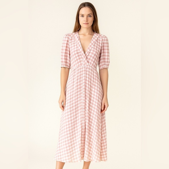 Reformation Dresses & Skirts - Reformation pink checker deep v neck plunge midi dress SIZE SMALL